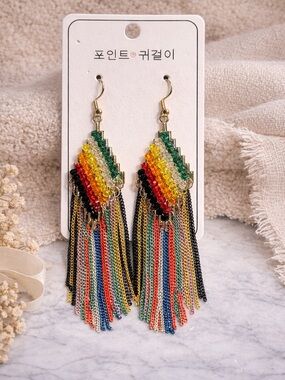 Colorful Beaded Fringe Earrings - Multicolor 4.5” long